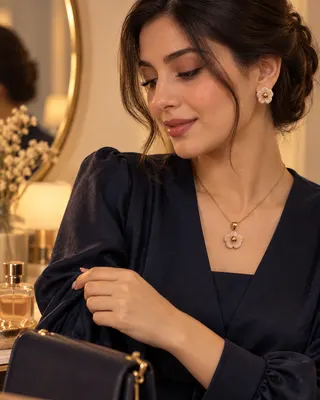 نمایی از نیم ست صدفی صورتی شامل پلاک و گوشواره روی استایل زنانه